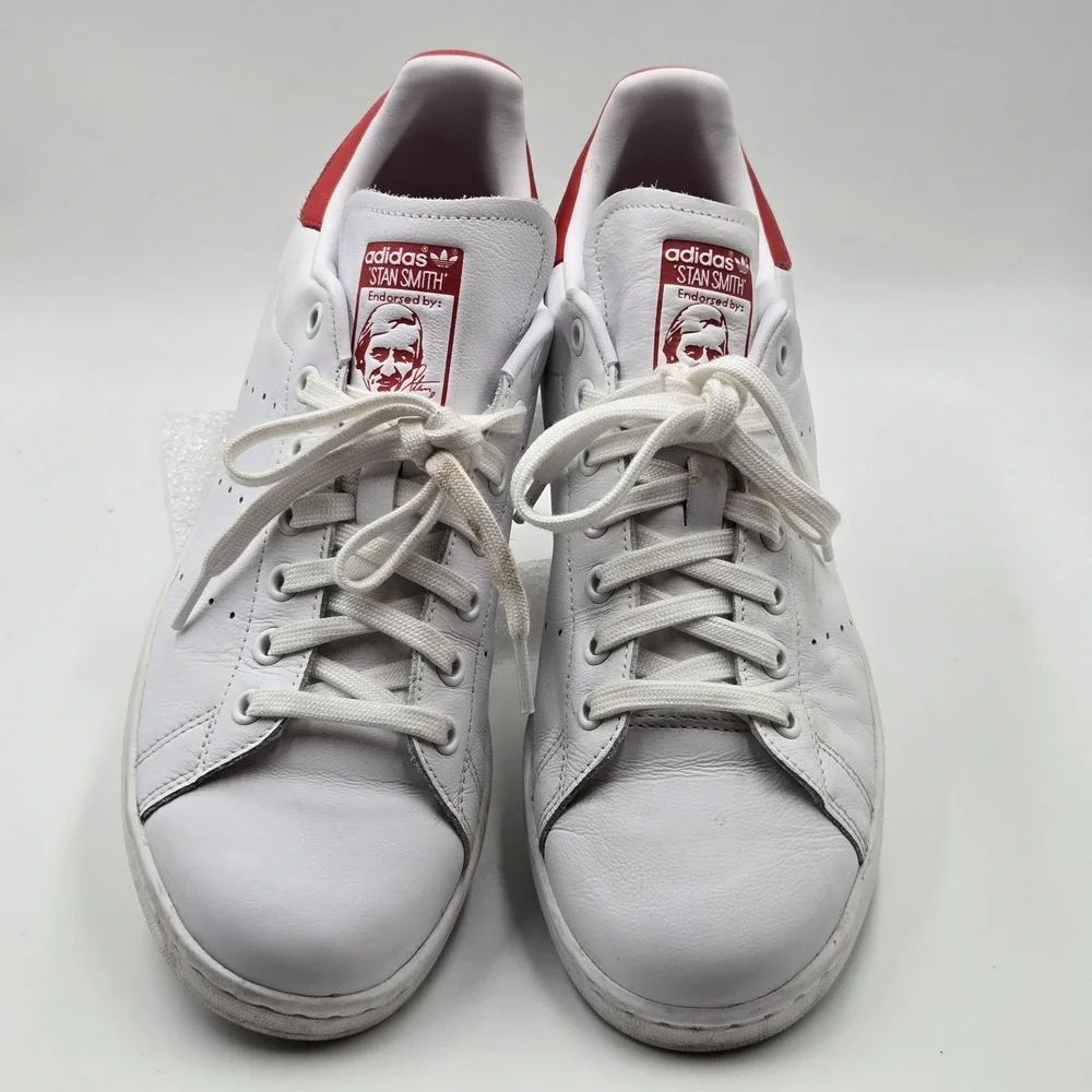 Adidas Stan Smith Shoes Mens Size 8.5 White Red Leather Low Top Sneakers EF4334